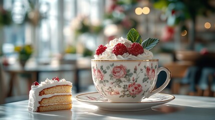 Beautiful tea cup filled with whipped cream and raspberries, accompanied by a slice of cake.