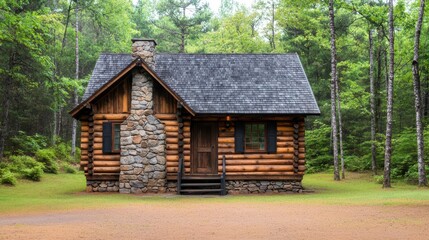 Obraz premium Rustic log cabin, hand-hewn logs, stone chimney, forest surroundings