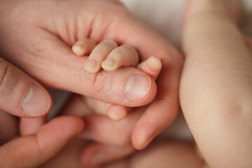 Close-up of baby's hand into parent hands. Family happiness and childhood concept