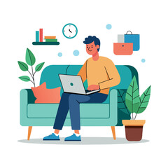 man sitting on couch with laptop flat vector illustration