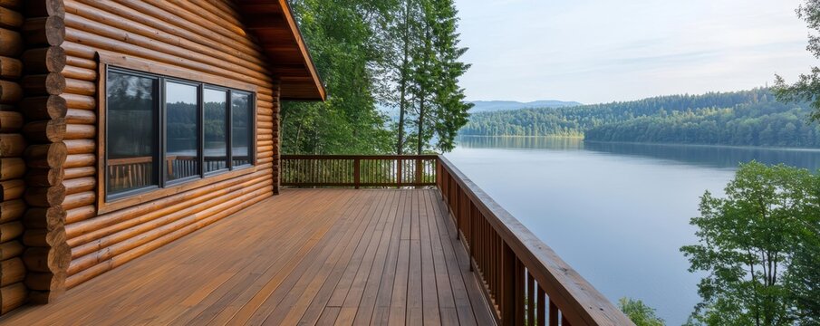 Log home with a wraparound deck, overlooking a serene lake, rustic retreat