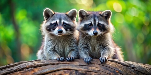 Two raccoons sitting on a log looking at the camera , Wildlife, animals, raccoons, forest, log, curious, nature, outdoor