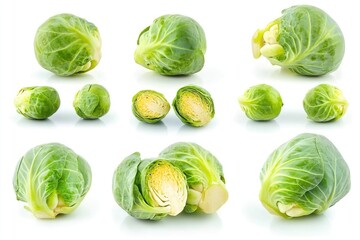 Fototapeta premium A Collection of Fresh Brussels Sprouts in Various Positions