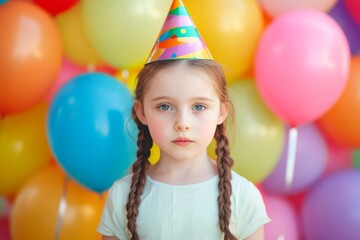 Adorable Girl with Braids and a Party Hat Standing Before Colorful Balloons, Perfect for Birthday Party Themes and Celebrations, Ideal for Children's Day Festivities