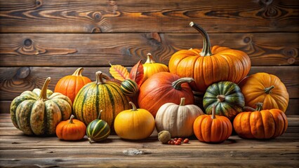 Variety of pumpkins and gourds on wooden table, autumn, fall, harvest, decoration, seasonal, colorful, organic