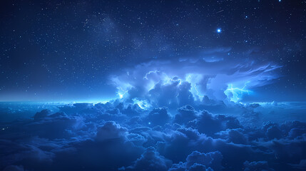 Obraz premium The Blue Jet lightning phenomenon occurs in the upper atmosphere. When powerful blue lightning flashes shoot up from the tops of high cumulonimbus clouds.