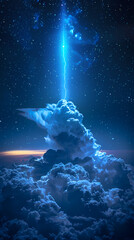 Naklejka premium The Blue Jet lightning phenomenon occurs in the upper atmosphere. When powerful blue lightning flashes shoot up from the tops of high cumulonimbus clouds.