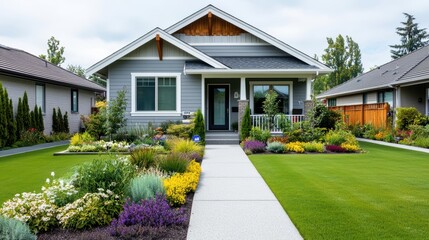 Suburban craftsman bungalow, low rooflines, exposed rafters, front garden