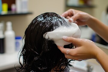 Naklejka premium A stylist washing a client's hair at a salon during a relaxing afternoon