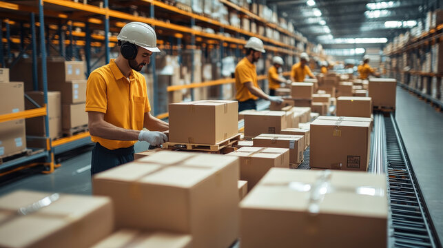 Hardworking warehouse personnel efficiently manage inventory in bustling industrial space