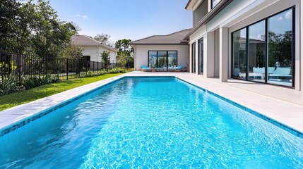 Fototapeta premium Suburban home with a swimming pool, modern amenities, private oasis