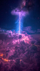 Obraz premium The Blue Jet lightning phenomenon occurs in the upper atmosphere. When powerful blue lightning flashes shoot up from the tops of high cumulonimbus clouds.