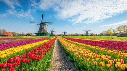 Scenic view of colorful tulip fields stretching towards the iconic windmills of Zaanse Schans under a bright blue sky.