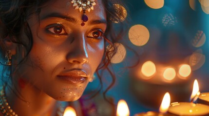 Fototapeta premium beautiful indian woman light decorative candles