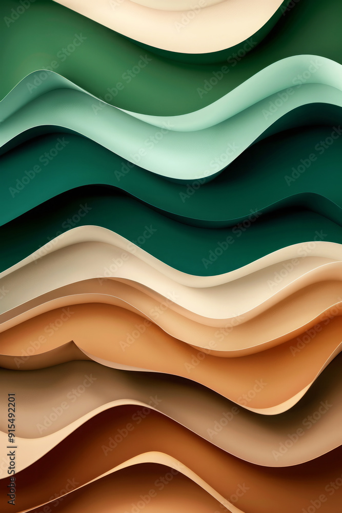 Poster background with green and gold colored paper waves. abstract layered pattern
