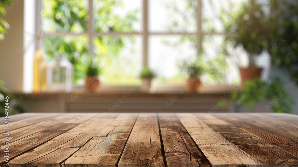 Sticker Wooden table in a blurry home interior with window