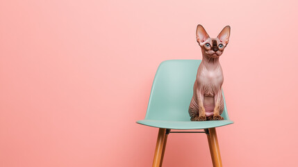 Stylish Sphynx cat with unique features, sitting on a contemporary chair pink background