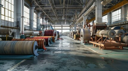 A bustling textile factory with rolls of fabric being dyed and cut.