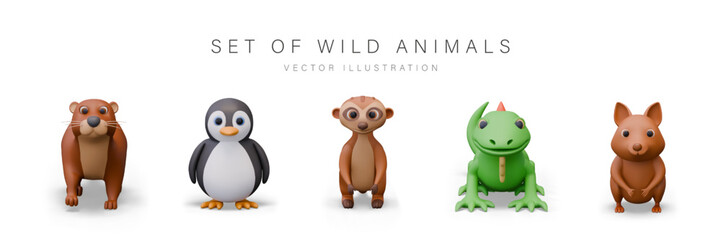 Set of wild animals in cartoon style, front view. 3D otter, penguin, meerkat, iguana, quokka