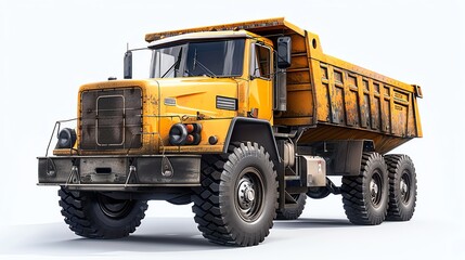 Dump truck, isolated on white, front close-up, detailed rendering, clean background, professional look