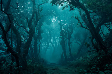 Fototapeta premium Path in a dark and misty forest in the evening