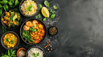 Delicious Indian Curry with Rice and Sides.