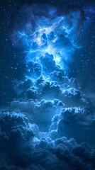 Fototapeta premium The Blue Jet lightning phenomenon occurs in the upper atmosphere. When powerful blue lightning flashes shoot up from the tops of high cumulonimbus clouds.