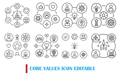 Core values set creative icons honesty reliability stability vector illustrator.