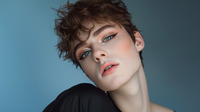 A beauty editorial style close up photo of a gorgeous trans or non binary person wearing immaculate makeup, looking directly to camera, landscape format wide 16:9