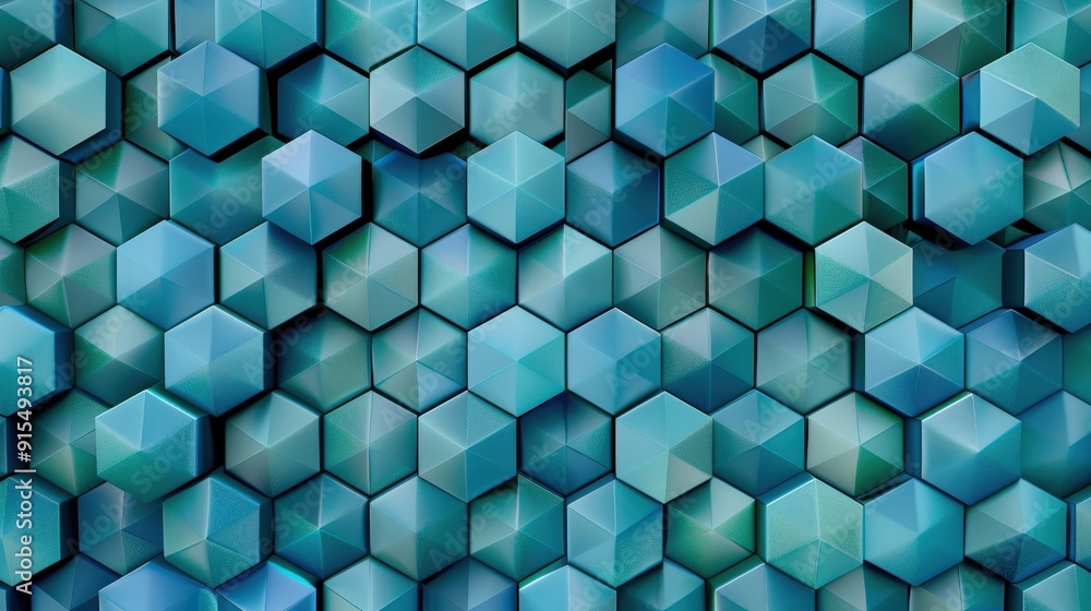 Poster a repeating hexagon pattern in shades of blue and green, resembling a honeycomb. the geometric shape