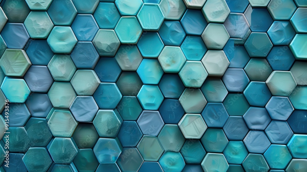 Poster a repeating hexagon pattern in shades of blue and green, resembling a honeycomb. the geometric shape