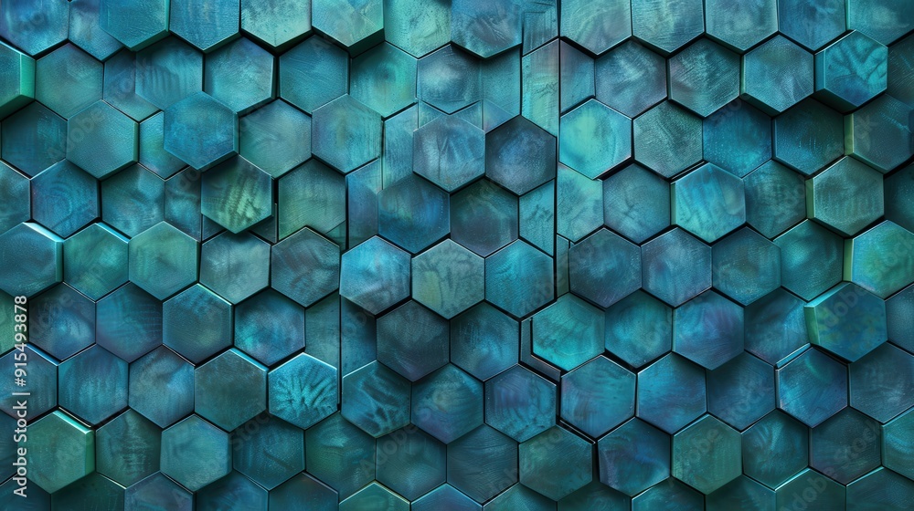 Poster a repeating hexagon pattern in shades of blue and green, resembling a honeycomb. the geometric shape