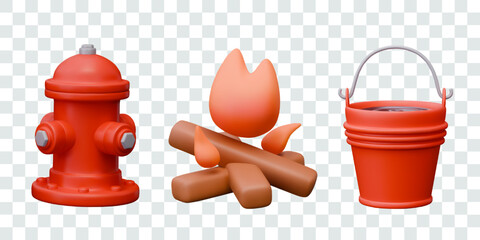 Set of red elements for design of fire fighting concepts. Fireplug, bonfire, bucket of water