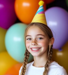 Adorable Girl with Braids and a Party Hat Standing Before Colorful Balloons, Perfect for Birthday Party Themes and Celebrations, Ideal for Children's Day Festivities