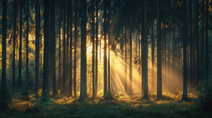 Serene forest panorama with golden sunbeams filtering through tall trees, casting a soft glow on the forest floor.