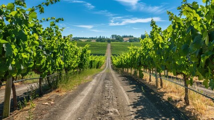 Obraz premium A road through a vineyard, with rows of grapevines and the promise of a relaxing wine-tasting experience ahead.