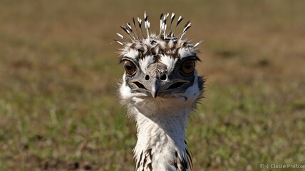 A large bird with a long neck and a distinctive white and brown pattern