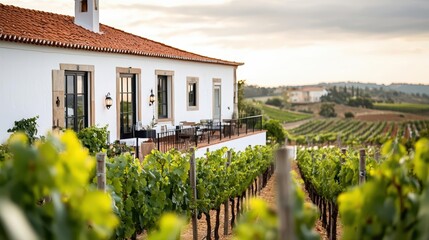 Portuguese quinta, whitewashed walls, terracotta roof, vineyard