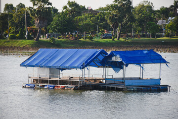 A blue raft floats in the water.