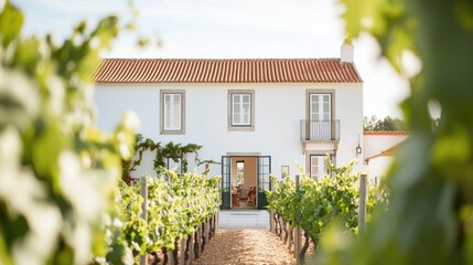 Portuguese quinta, whitewashed walls, terracotta roof, vineyard
