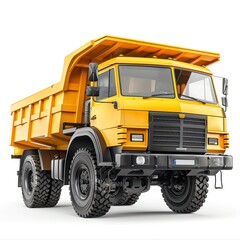 High-quality dump truck, isolated on white, front angle, detailed and sharp, clean and professional, realistic texture