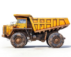 Fototapeta premium Industrial dump truck, isolated on white, detailed side view, high resolution, robust and powerful, perfect for marketing