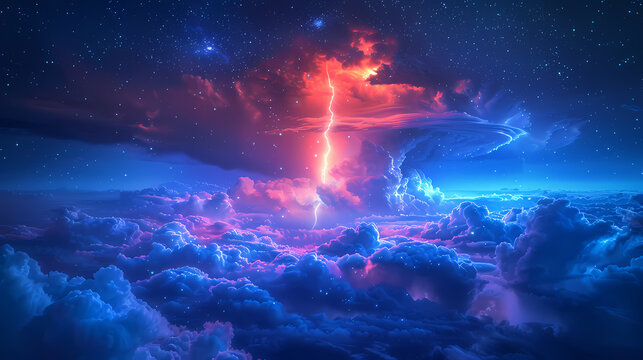 The Blue Jet lightning phenomenon occurs in the upper atmosphere. When powerful blue lightning flashes shoot up from the tops of high cumulonimbus clouds.