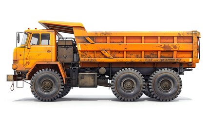 Fototapeta premium Wywrotka przemysłowa, na białym tle, kąt boczny, wysoka rozdzielczość, realistyczna tekstura, do użytku profesjonalnego