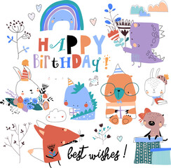Birthday set with cute animals celebrating holiday. Vector illustration