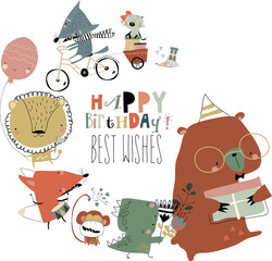 Birthday card with cute animals celebrating holiday. Vector illustration