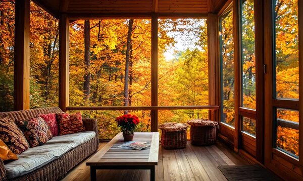 Cozy screened porch with fall foliage outside, wicker furniture, and wooden floor