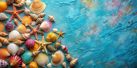 Obraz premium Artful arrangement of colorful seashells on a textured blue background, seashells, photography, artful, colorful, textured