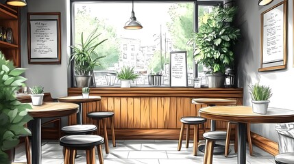 Obraz premium A cozy cafe coffee shop scene hand-drawn illustration. Generative AI