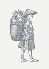 Asian Farmer Engraving. Vintage woodcut engraving style vector illustration.